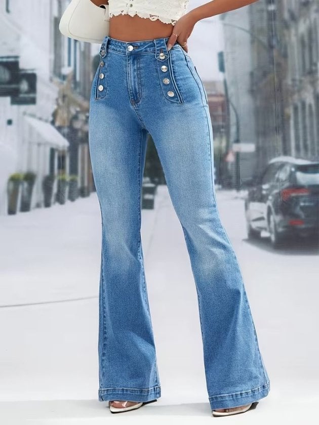 Women's High-Waist Flared Denim Jeans with Front Button Detail - Janes - by Peralane