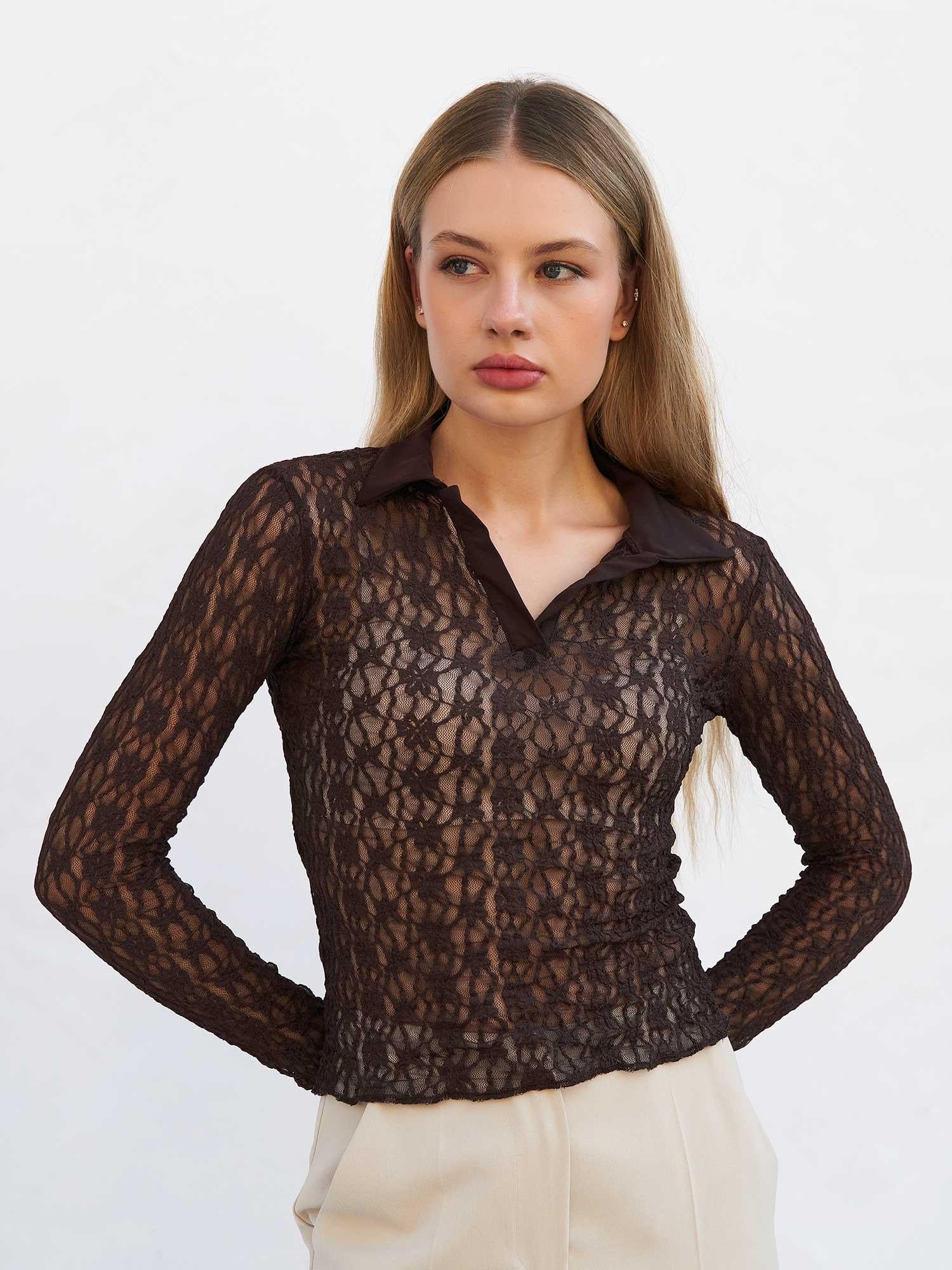 Long-Sleeved Collared Lace Blouse in Dark Brown - Lefon - by Peralane - photo 2