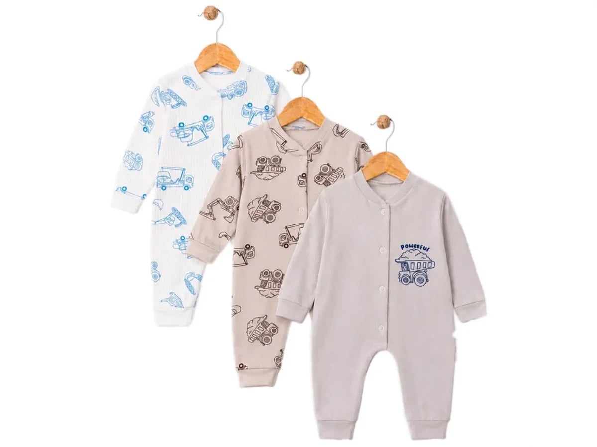 Boys' 3-Pack Long-Sleeve Cotton Rompers with Construction Vehicle Print - Supermini - by Peralane