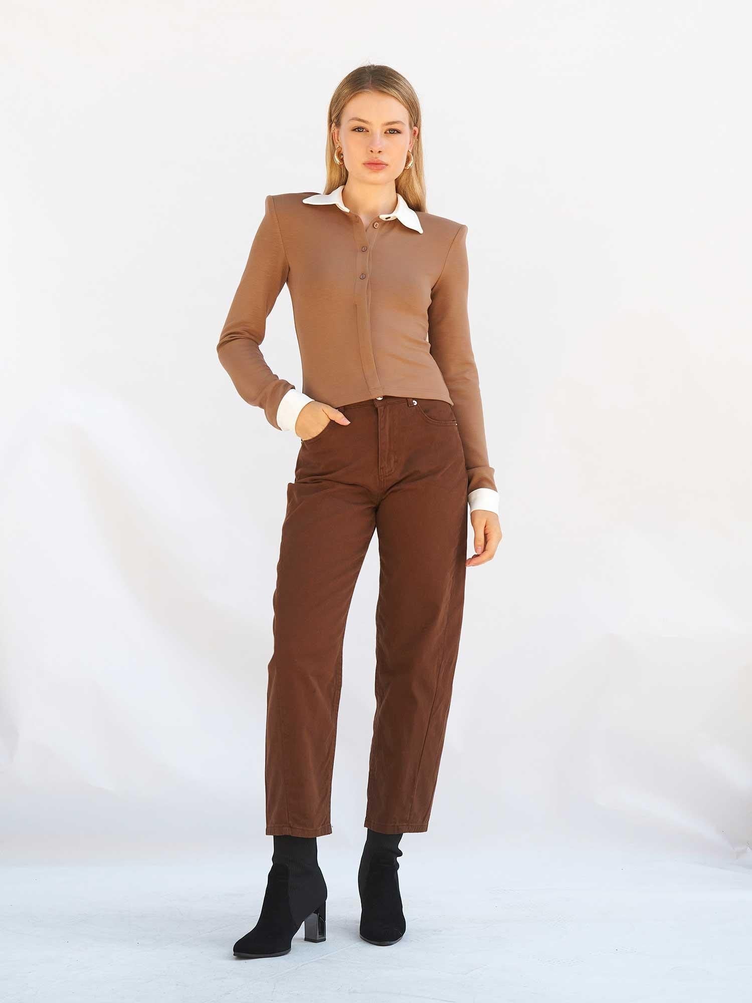 Brown Straight-Leg Gabardine Trousers with Matching Top Set - Lefon - by Peralane