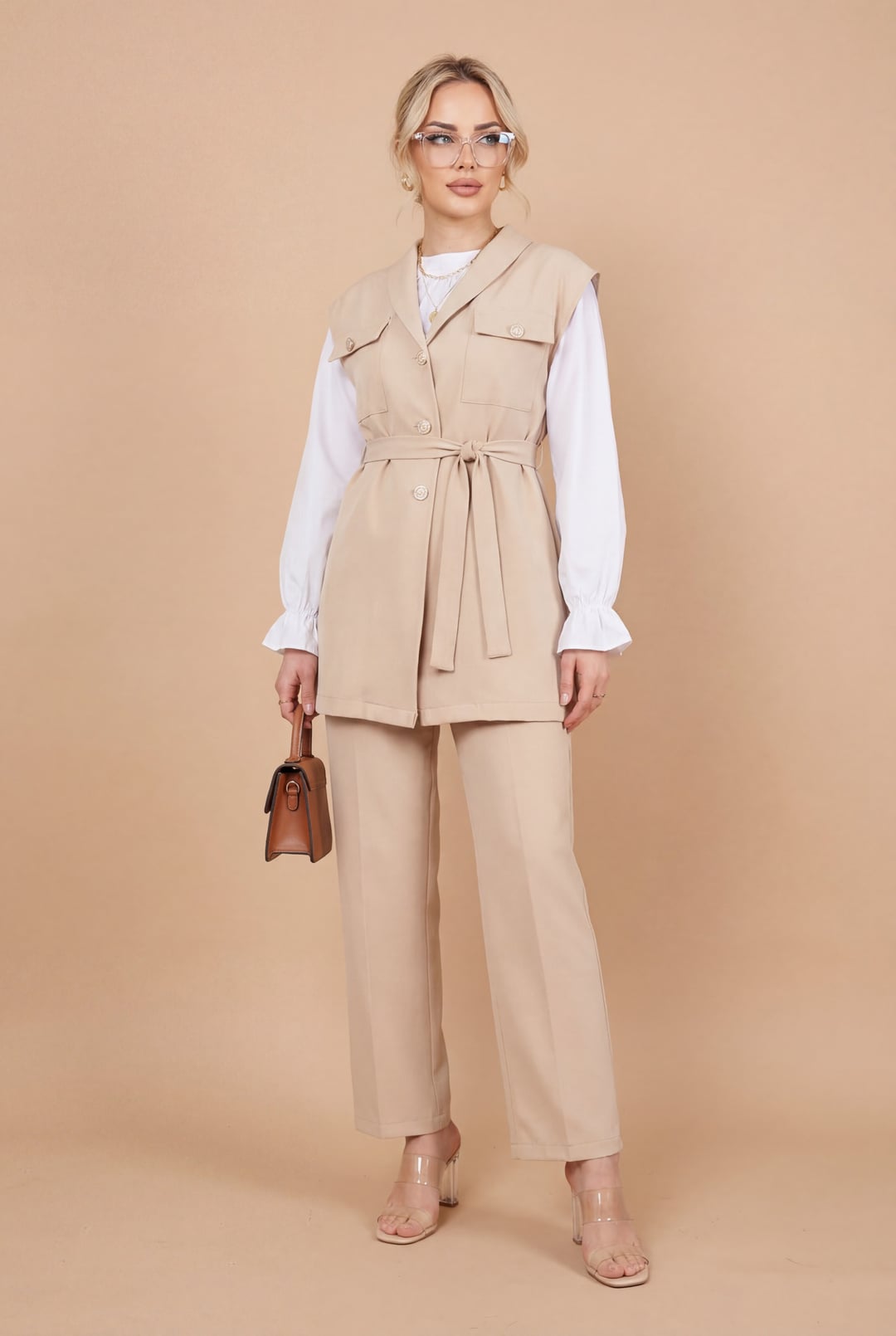 Beige Modest Three-Piece Set with Belted Vest and Trousers - Podyumplus - by Peralane - photo 2