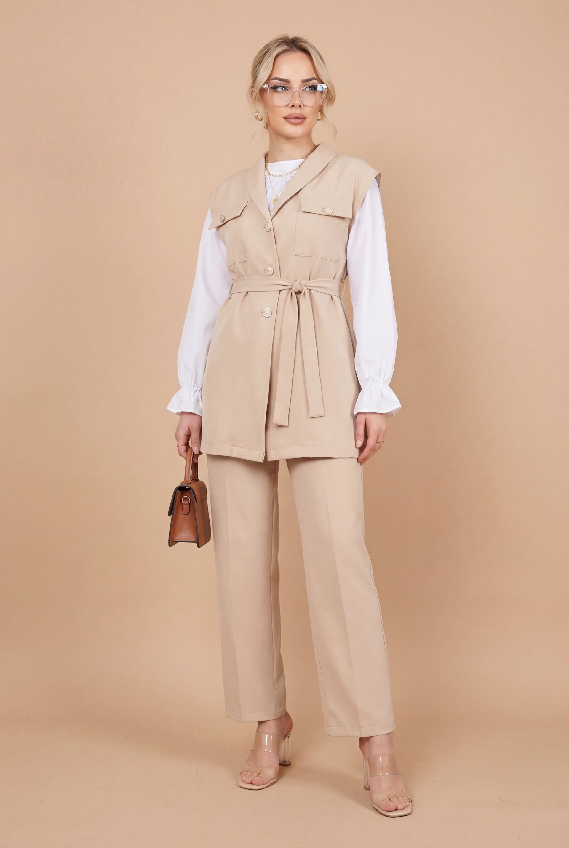 Beige Modest Three-Piece Set with Belted Vest and Trousers - Podyumplus - by Peralane - photo 2
