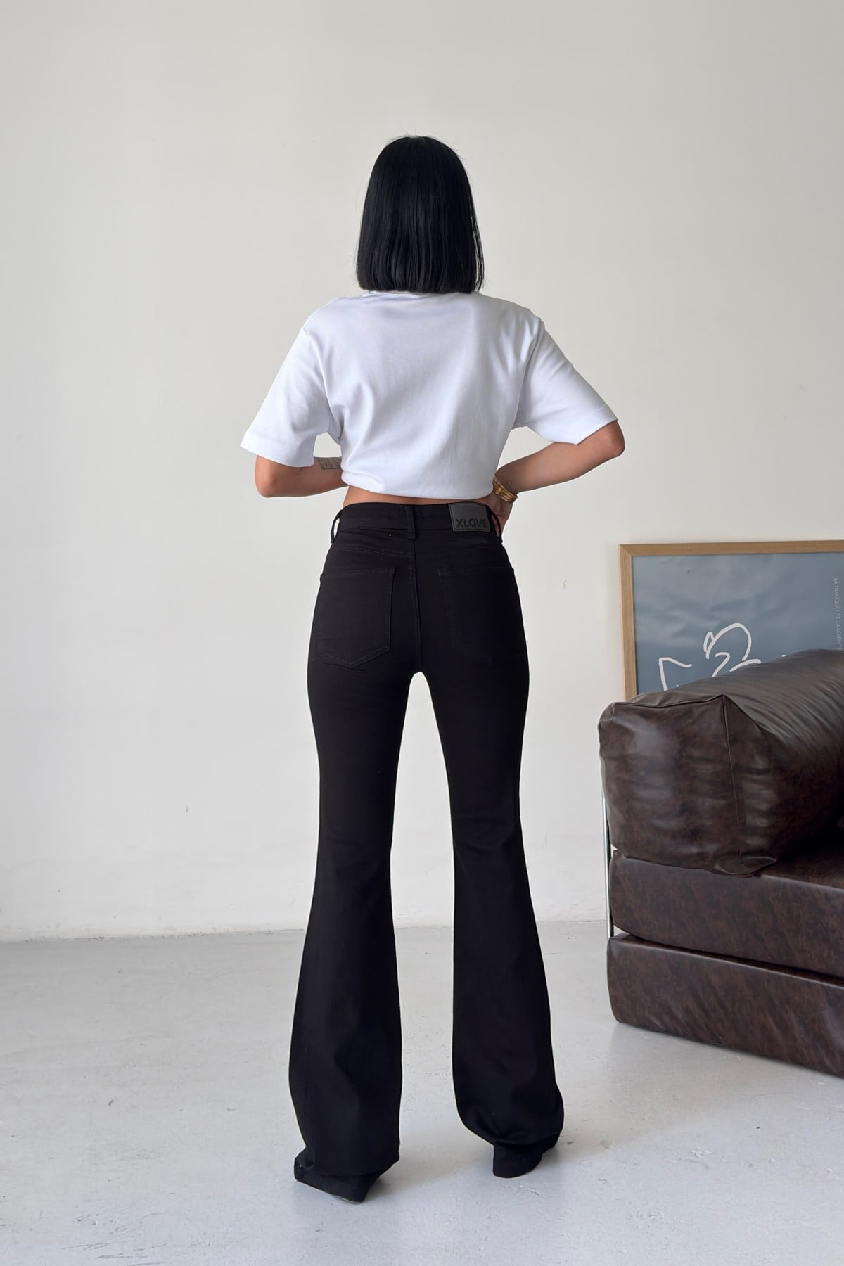 Women's Black Cotton Denim Flared Trousers with Reflective Pinstripe Detail - Xlove - by Peralane - photo 5