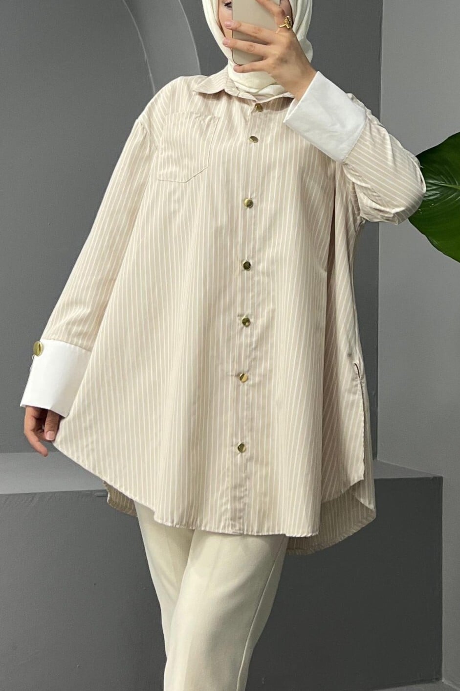 Beige Striped Belted Tunic with Metal Buttons for Women - Podyumplus - by Peralane
