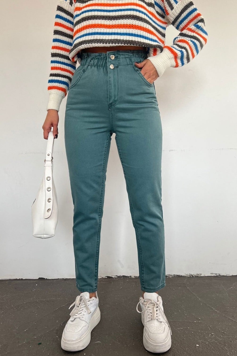 Women's High-Waist Elastic Waist Jeans - Mint - Podyumplus - by Peralane - photo 3