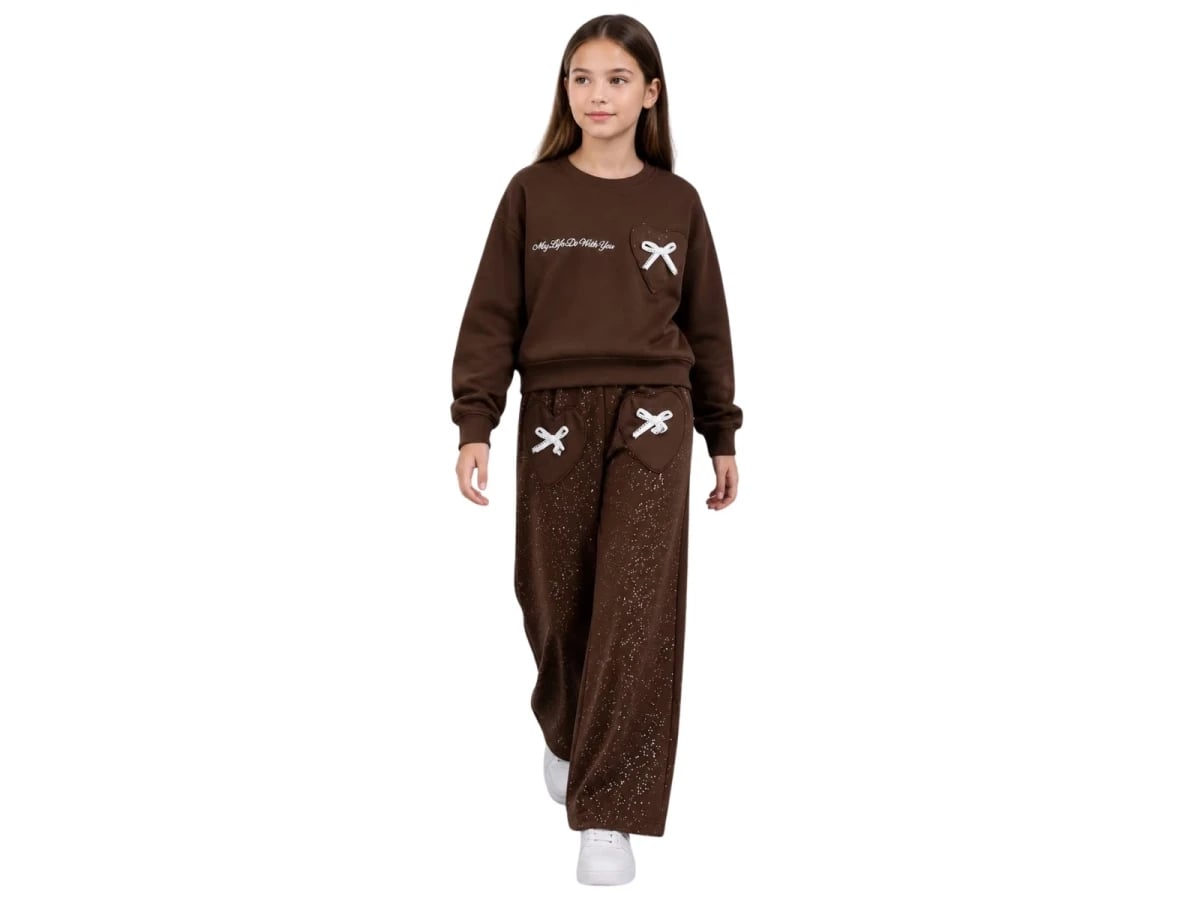 Girls' Bow Heart Sweatshirt and Trousers Set - Dark Brown - Incilay - by Peralane