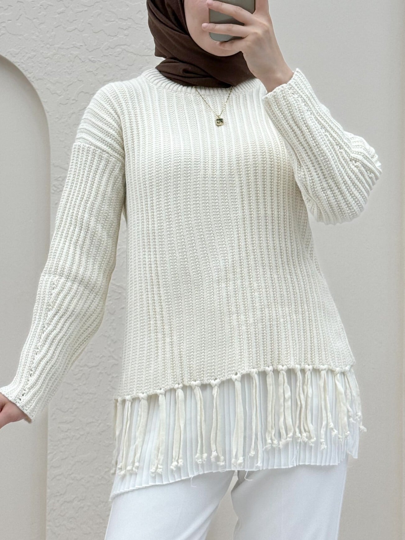 Fringe Hem Chunky Knit Tunic Sweater - Stone - Podyumplus - by Peralane