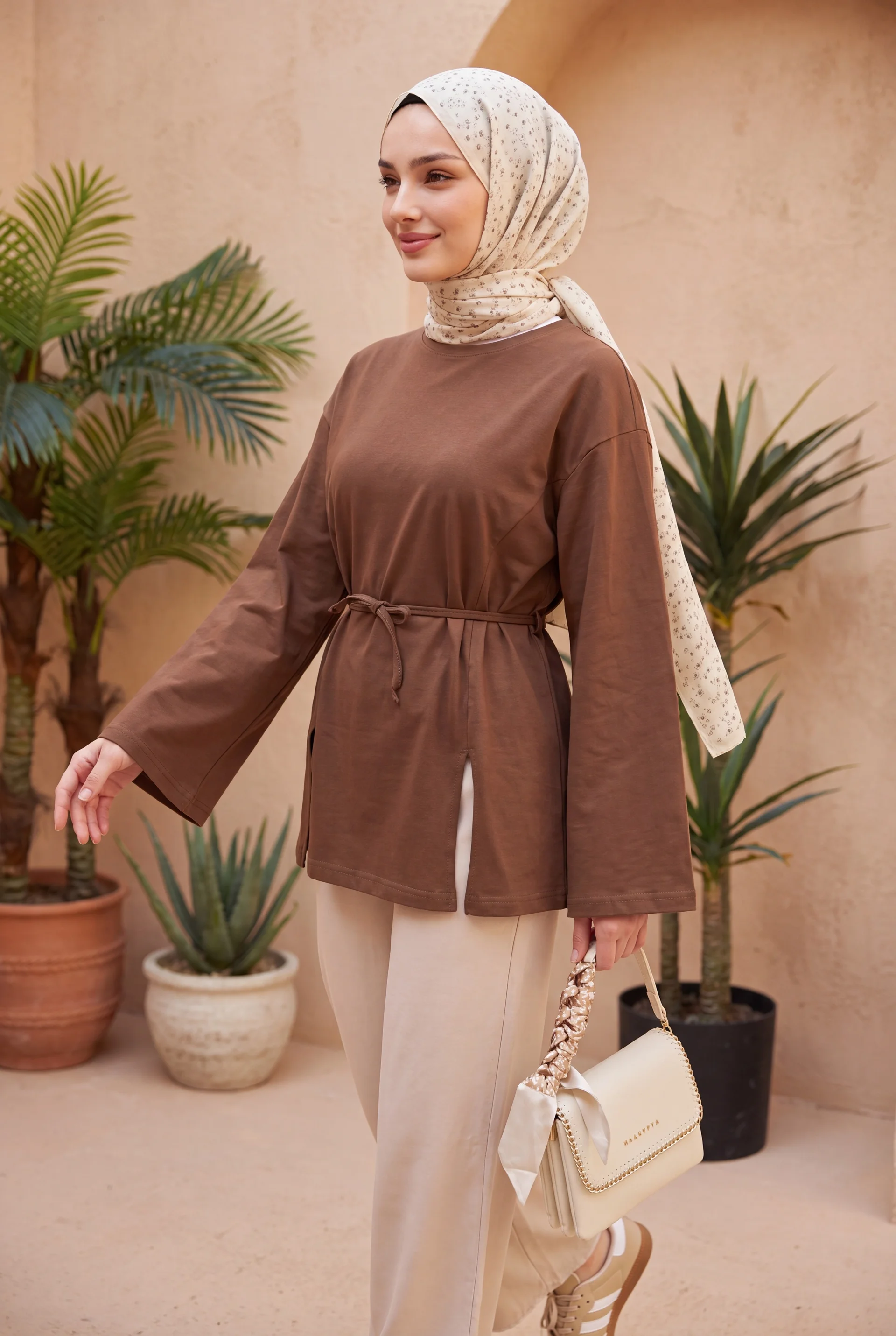 Drawstring Side-Slit Jersey Tunic - Brown - Podyumplus - by Peralane - photo 2
