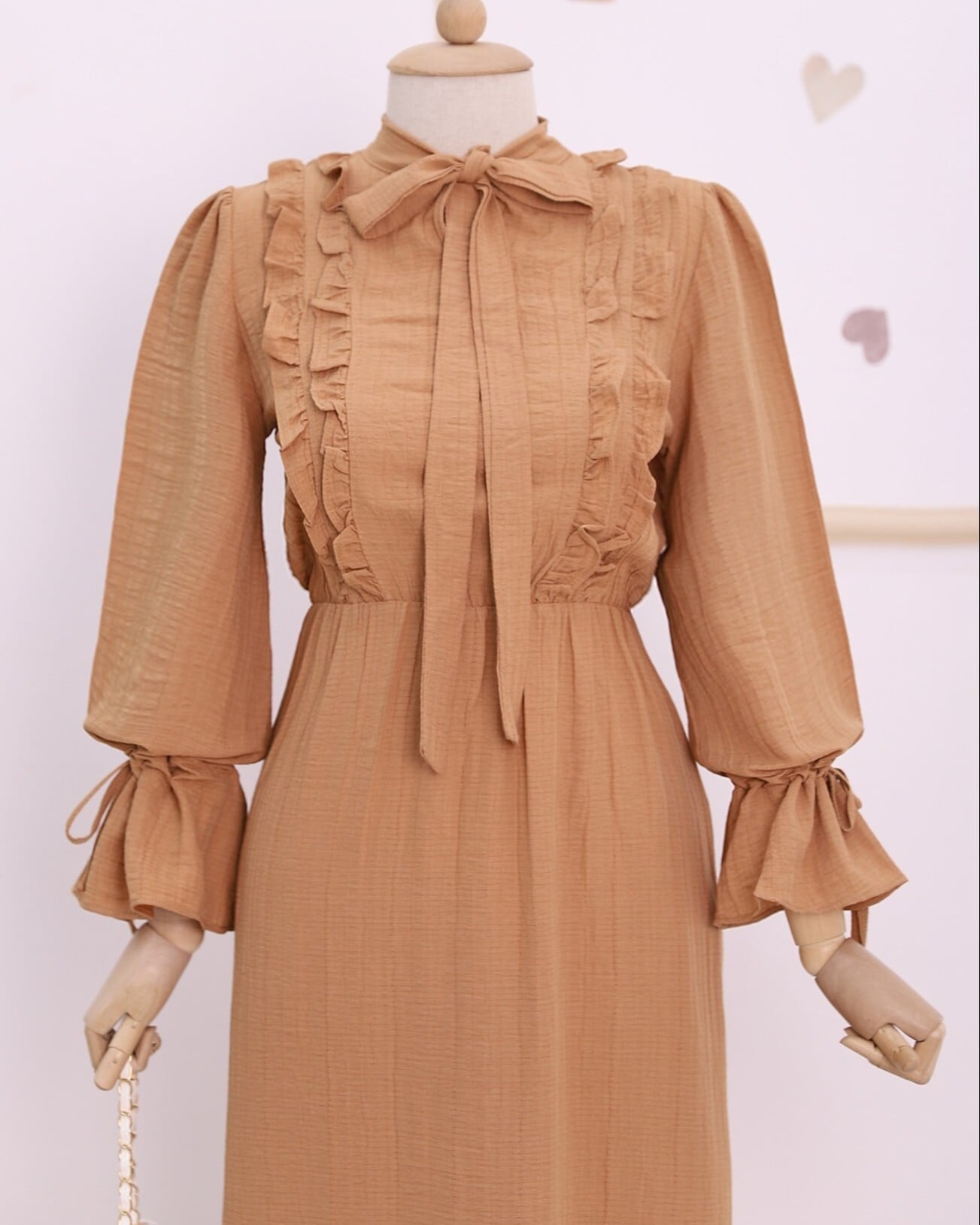 Ruffled Front Midi Dress with Laced Collar and Cuffs - Cinnamon - Podyumplus - by Peralane - photo 4