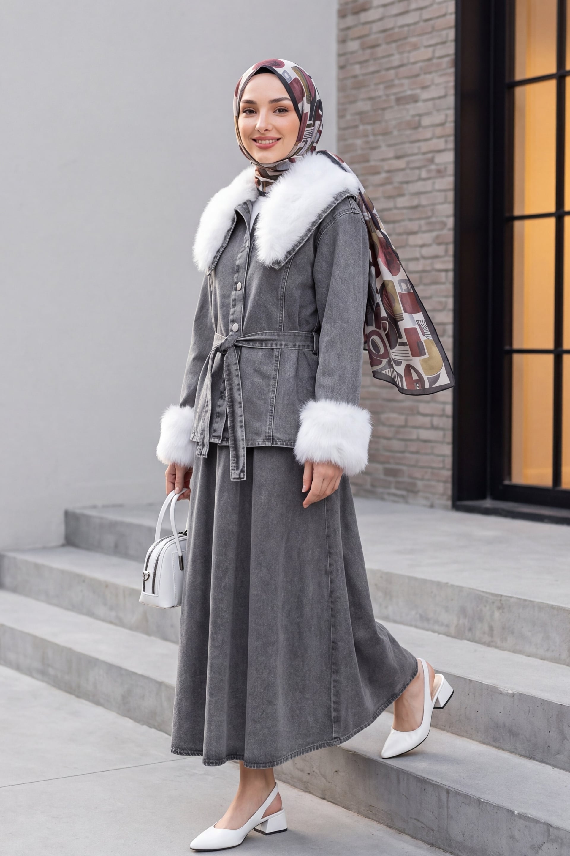 Belted Baby Collar Denim Two-Piece Set with Faux Fur Trim - Smoke Grey - Podyumplus - by Peralane - photo 2