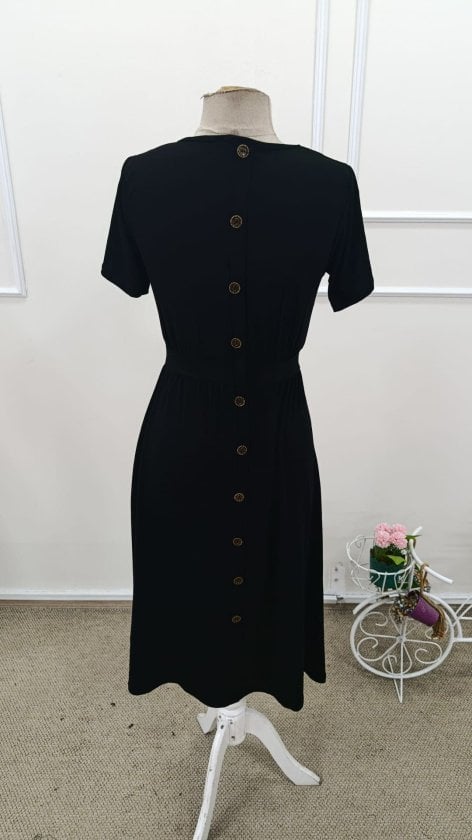Women's Black Short-Sleeved Round Neck Viscose Midi Dress with Back Buttons - Janes - by Peralane - photo 6