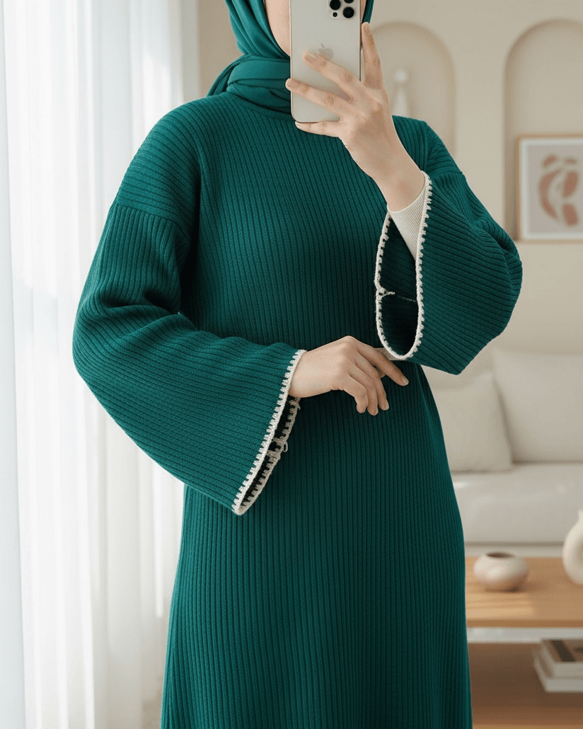 Embroidered Ribbed Knit Dress with Lace-Up Details - Emerald - Podyumplus - by Peralane - photo 2