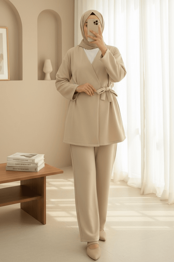 Double-Belted Scuba Kimono Set - Beige - Podyumplus - by Peralane
