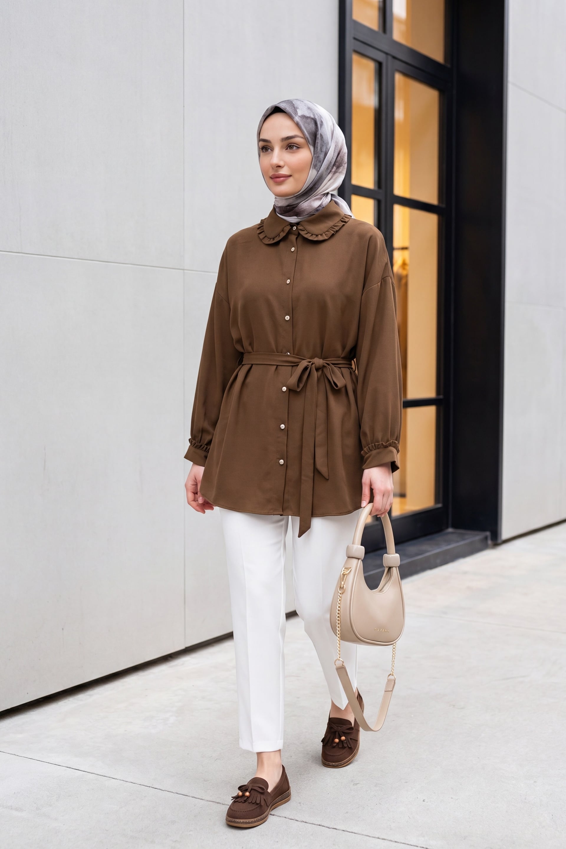 Stone Button Bow Peter Pan Collar Imported Crepe Tunic - Brown - Podyumplus - by Peralane - photo 3