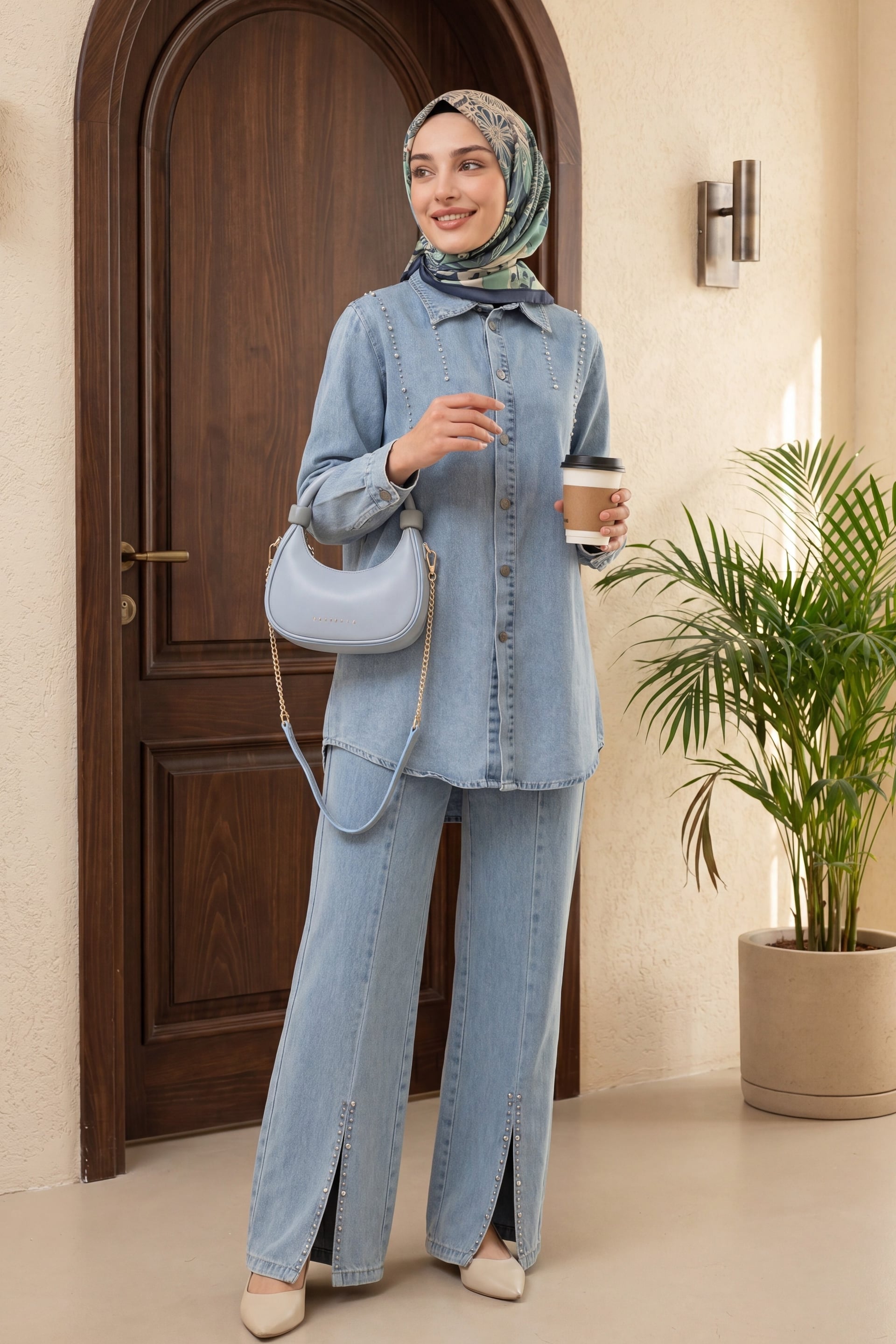 Stone Detailed Split Hem Two-Piece Denim Set - Ice Blue - Podyumplus - by Peralane - photo 3