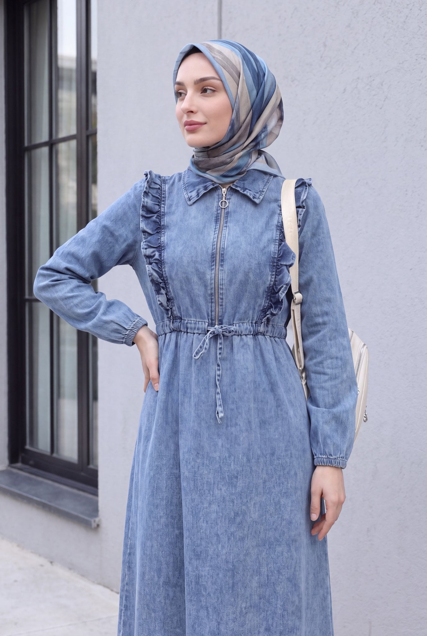 Ruffled Denim Dress with Drawstring Waist - Blue - Podyumplus - by Peralane - photo 5