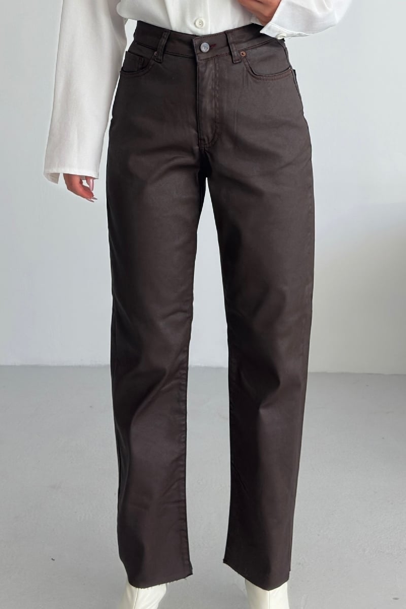 Women's High Waist Straight Leg Faux Leather Trousers with Fringe Hem, Brown - Xlove - by Peralane - photo 6