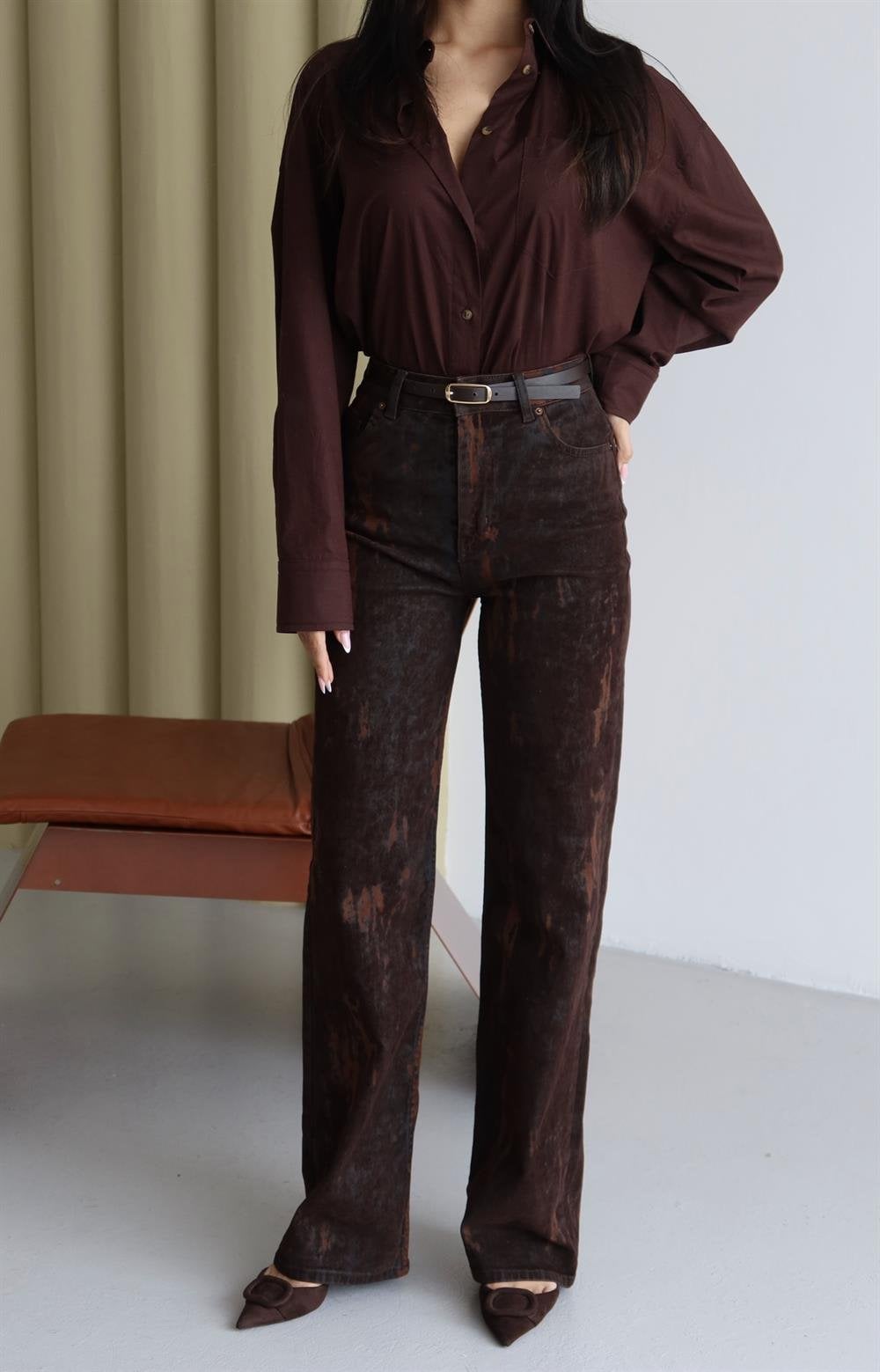Women's High-Rise Flok Printed Brown Jeans - Lacarino Jeans - by Peralane - photo 2