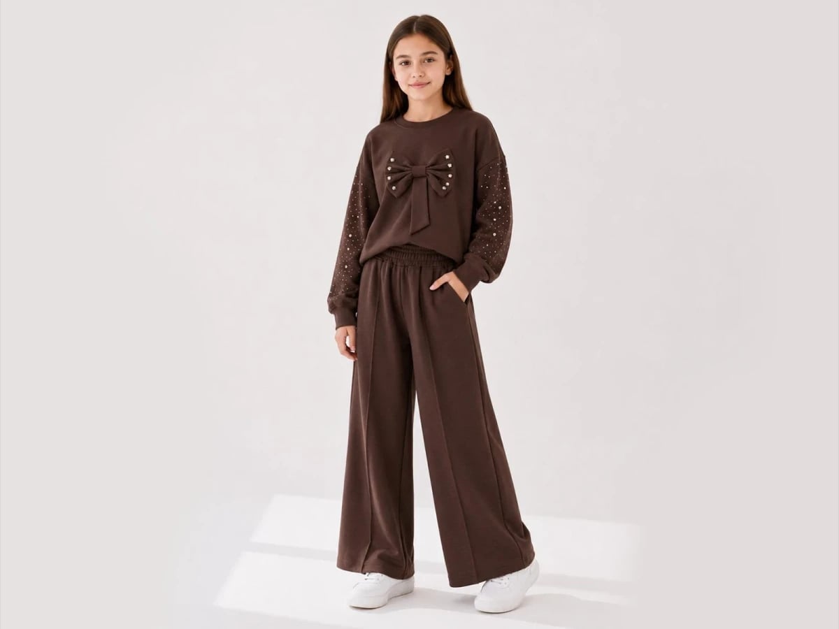 Girls' Two-Piece Sweatshirt and Wide-Leg Trousers Set with Bow Detail - Dark Brown - Incilay - by Peralane