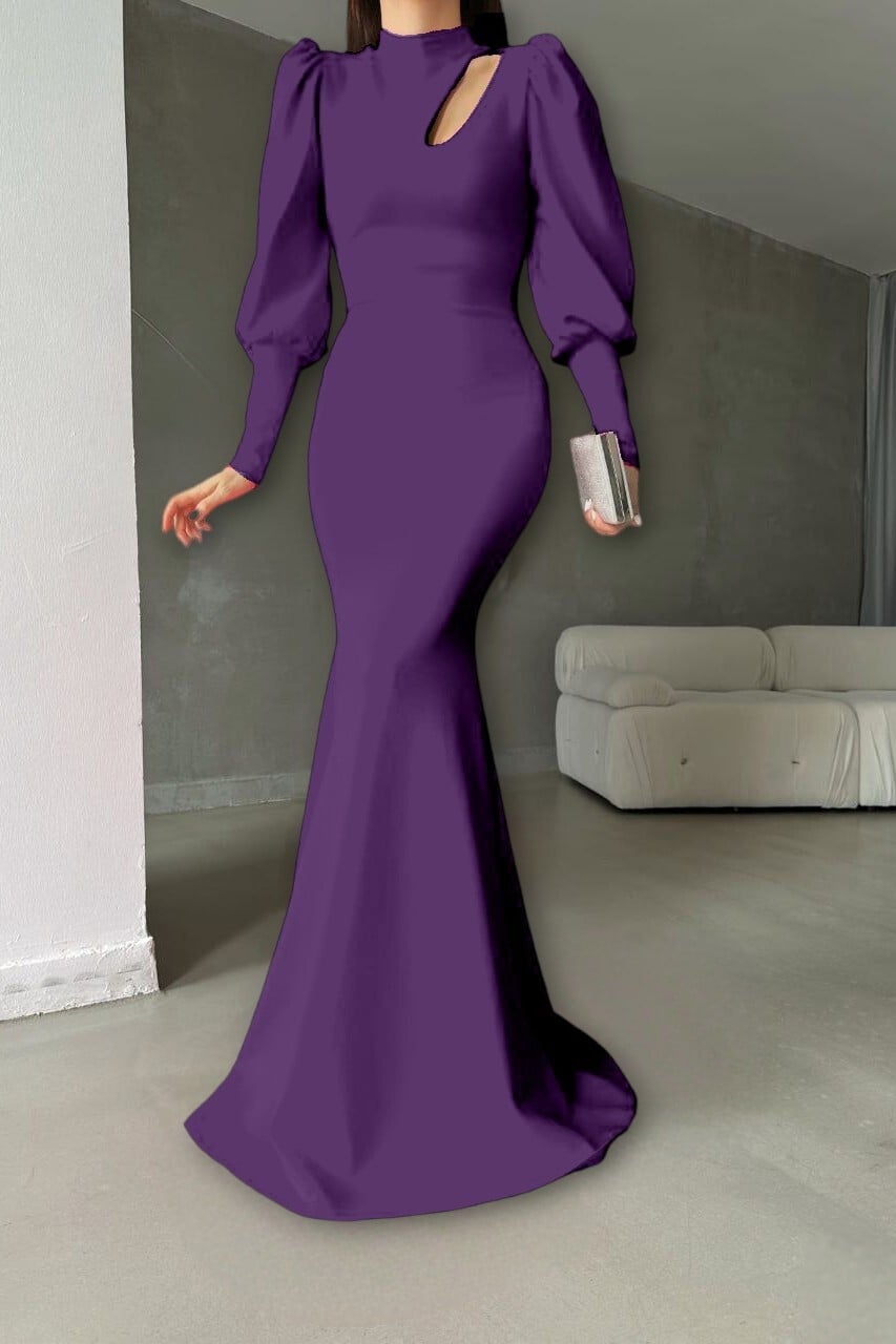 Purple Maxi Dress with High Neckline and Puff Sleeves - Podyumplus - by Peralane