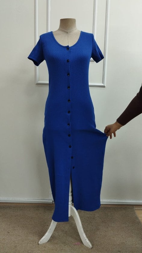 Women's Short-Sleeved V-Neck Button-Front Maxi Dress in Royal Blue - Janes - by Peralane - photo 6