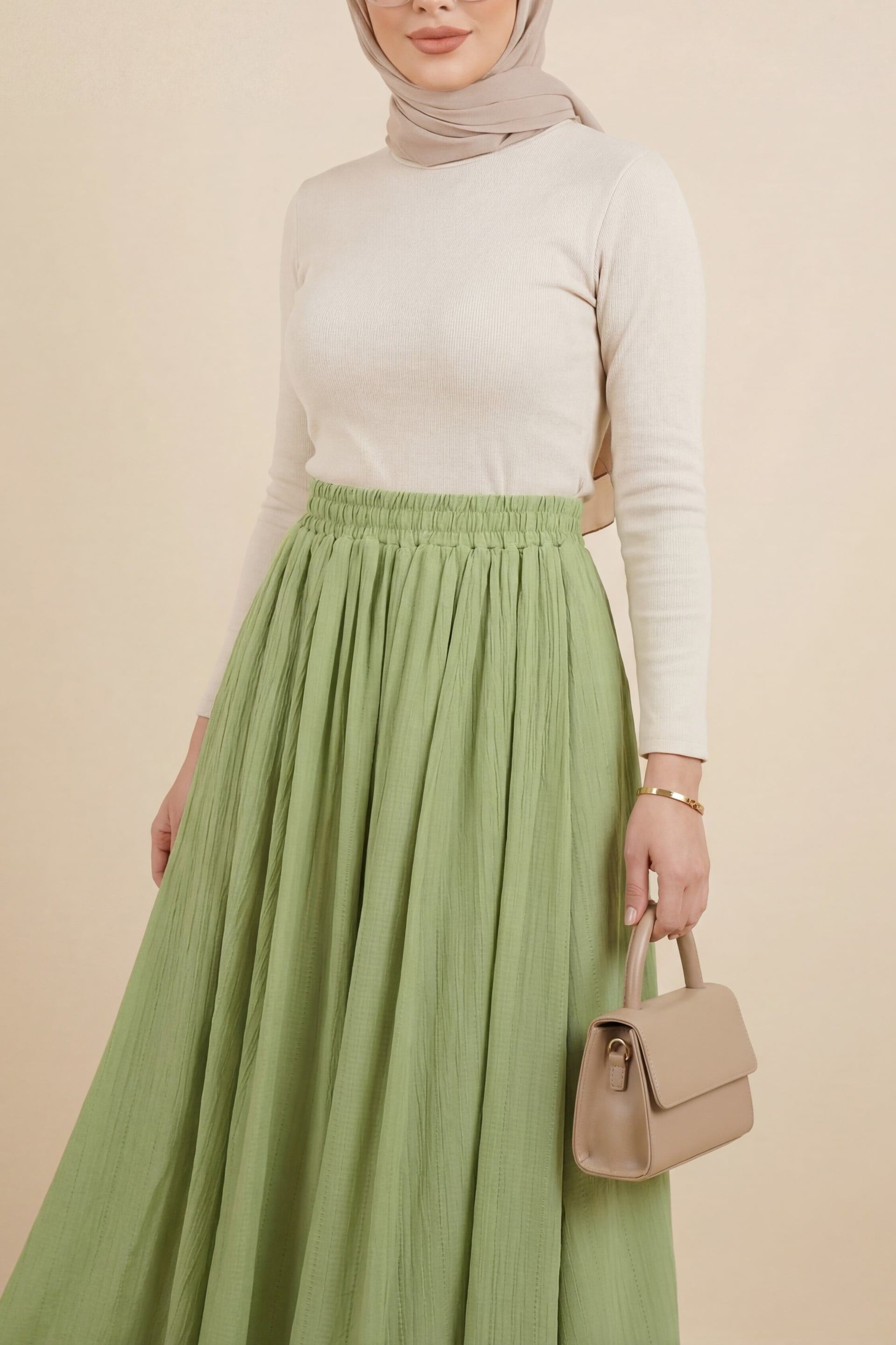 Elastic Waist Lined Long Gofre Skirt - Light Green - Podyumplus - by Peralane - photo 3