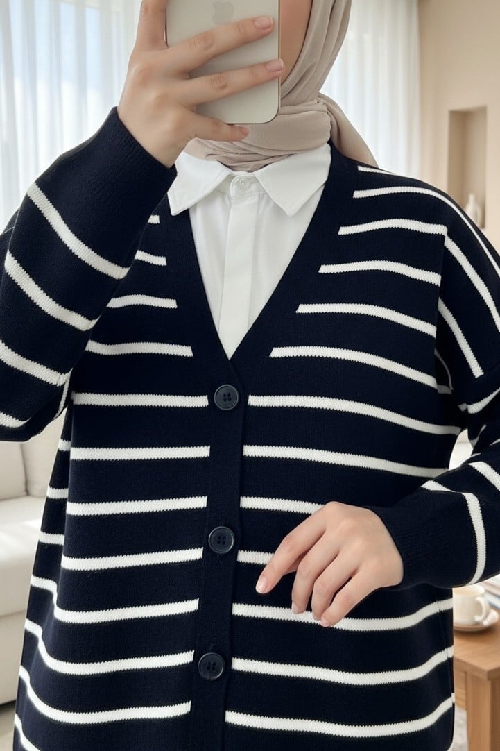 Striped Button-Up V-Neck Knit Cardigan - Navy - Podyumplus - by Peralane - photo 2
