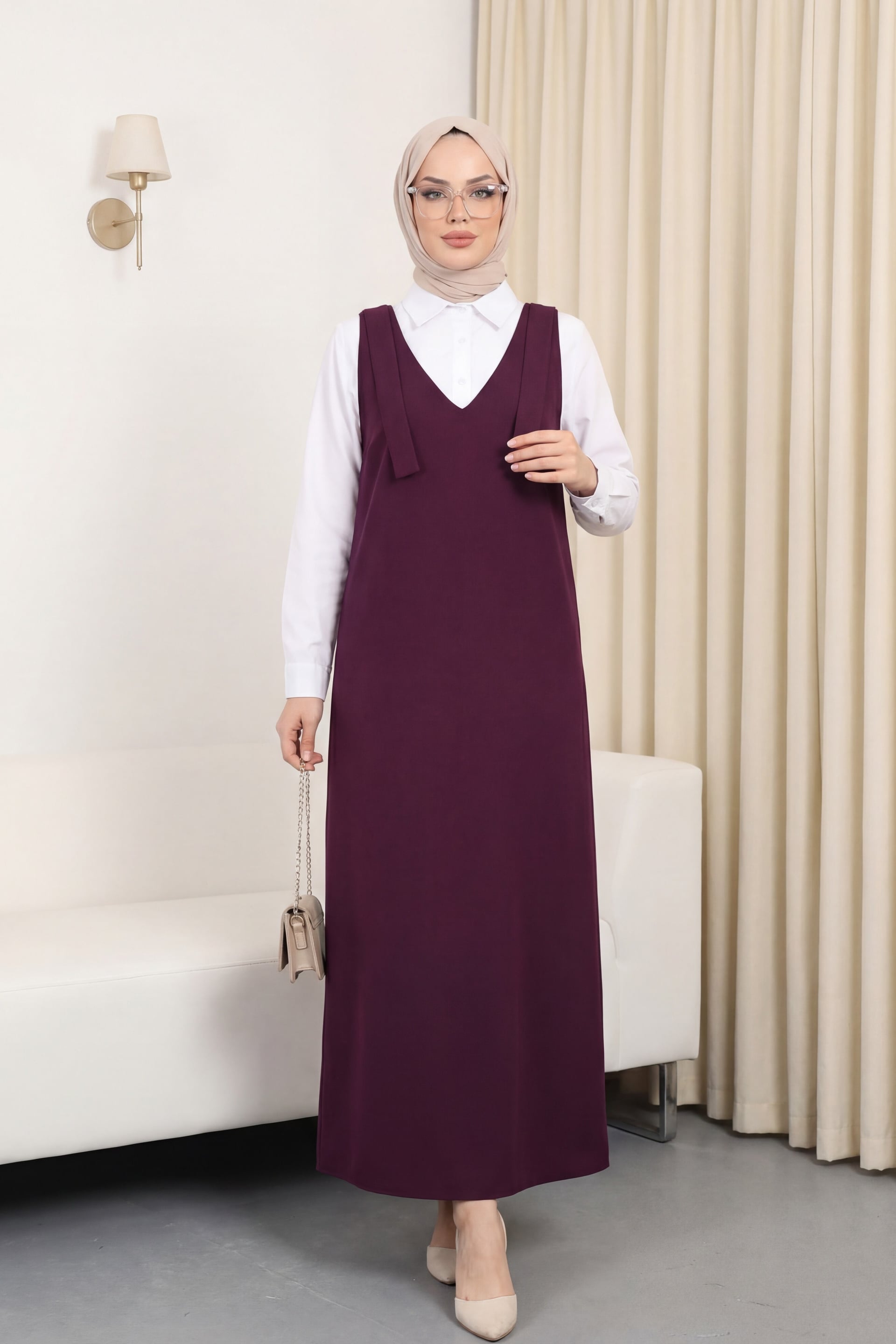 Long Sleeveless Modest Vest Dress with Tie Shoulders - Burgundy - Podyumplus - by Peralane