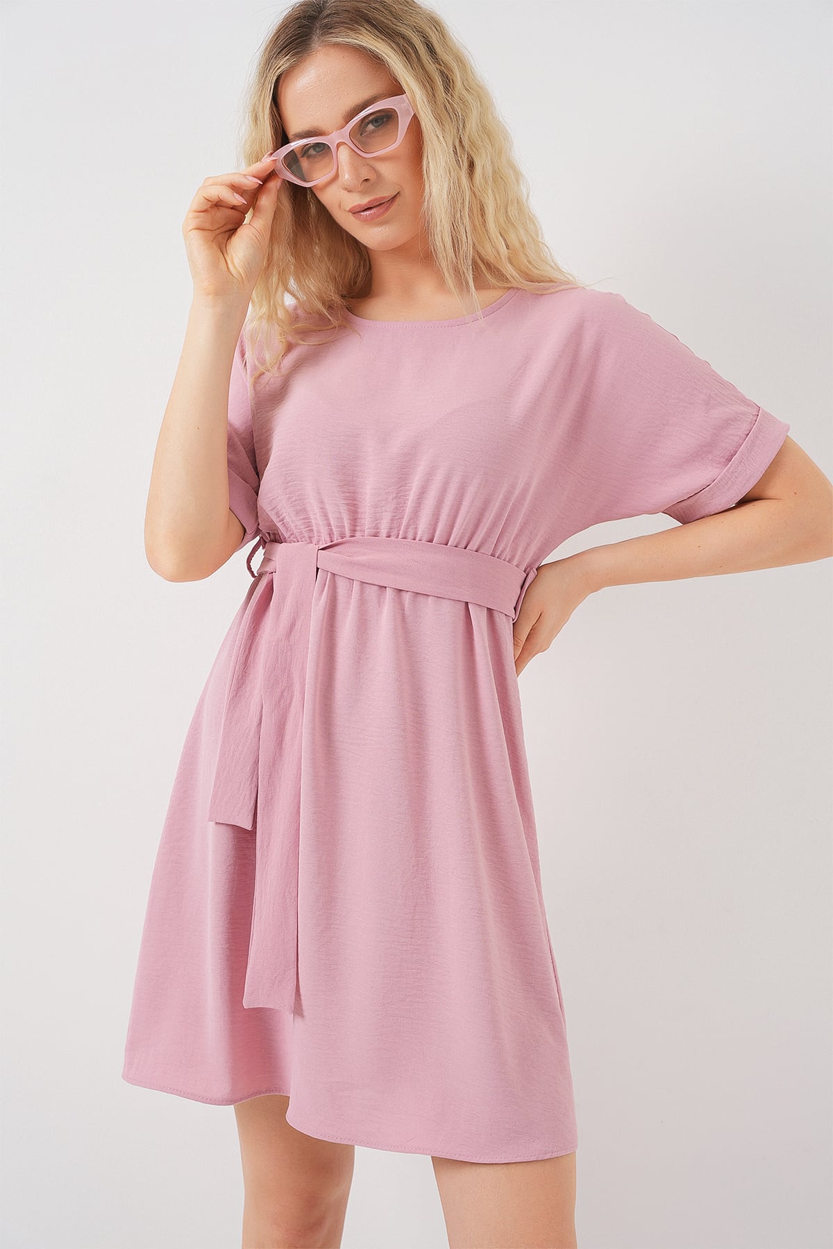 Women's Short Sleeve Mini A-Line Dress 2572 - Powder Pink - Bigdart - by Peralane - photo 2