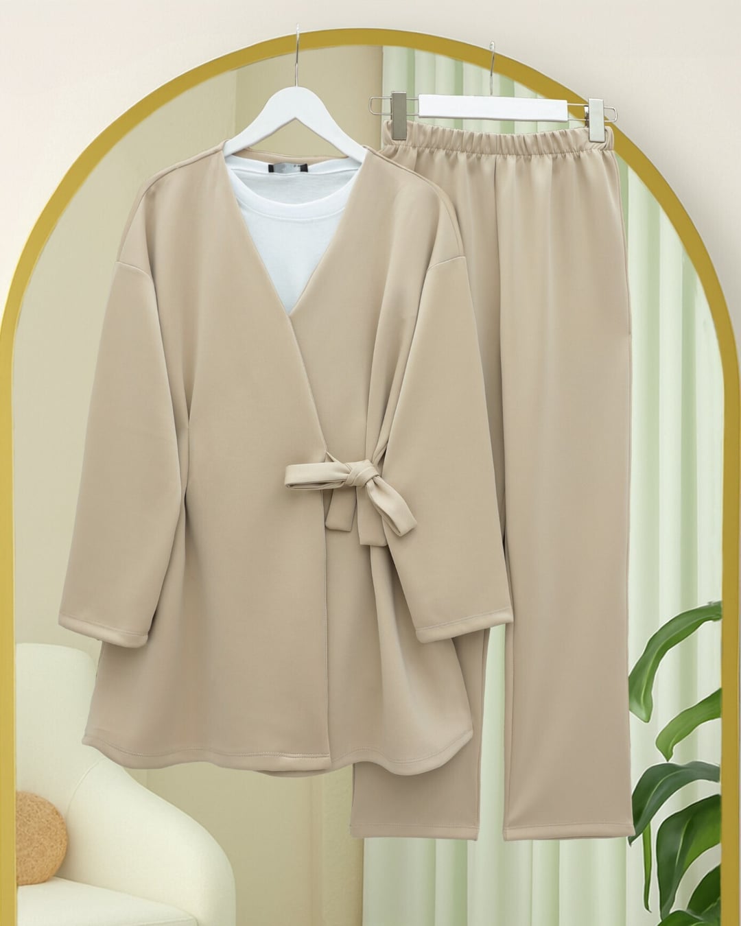 Double-Belted Scuba Kimono Set - Beige - Podyumplus - by Peralane - photo 2