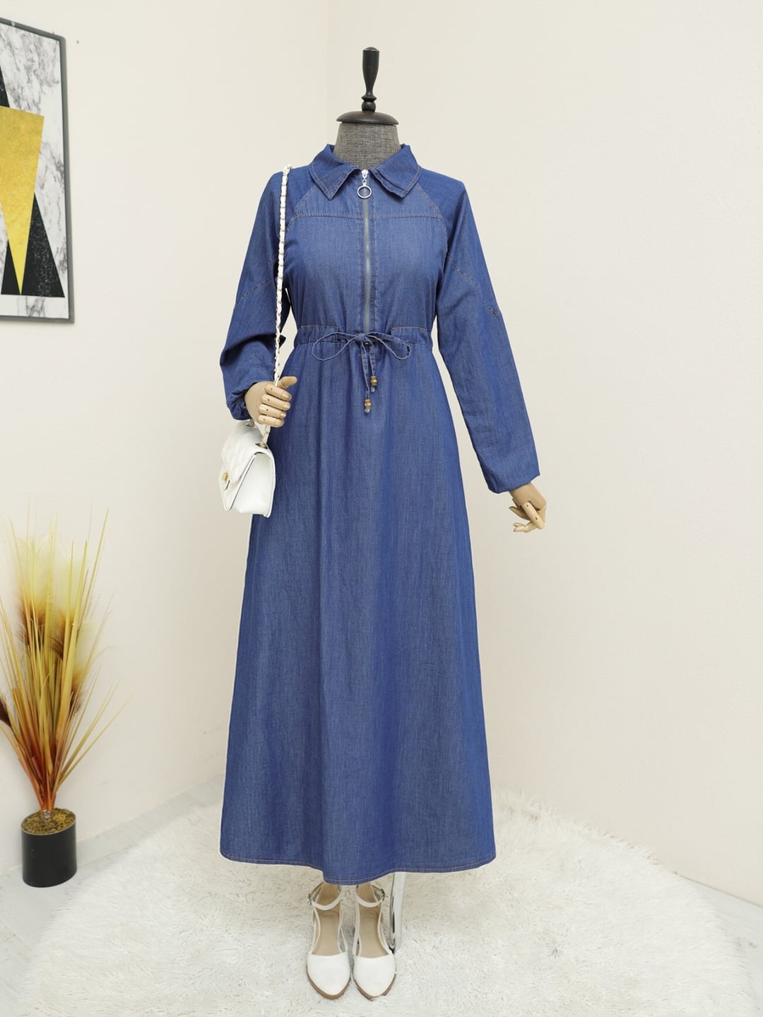 Half Zip Tunnel Drawstring Denim Dress - Indigo - Podyumplus - by Peralane - photo 3