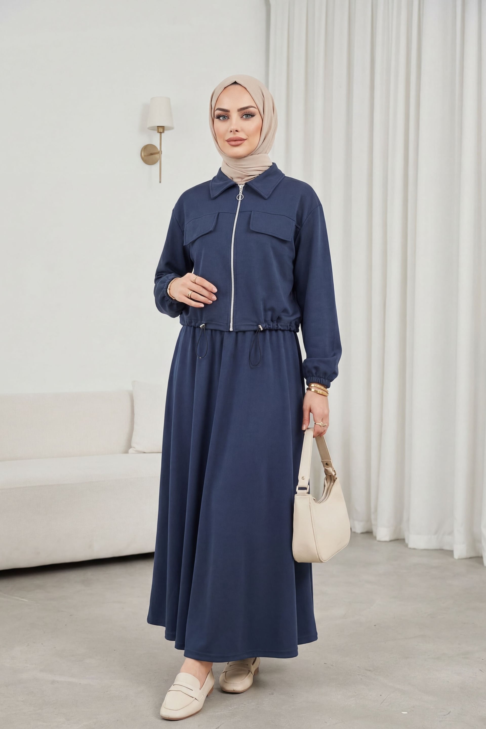 Zip-Up Shirt Collar Jersey Co-ord Set with Long Skirt - Navy Blue - Podyumplus - by Peralane - photo 6