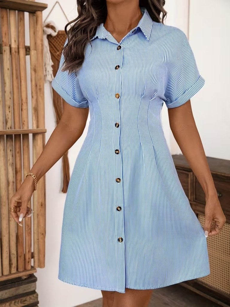 Women's Blue and White Striped Short-Sleeve Button-Front Shirt Dress - Janes - by Peralane - photo 6