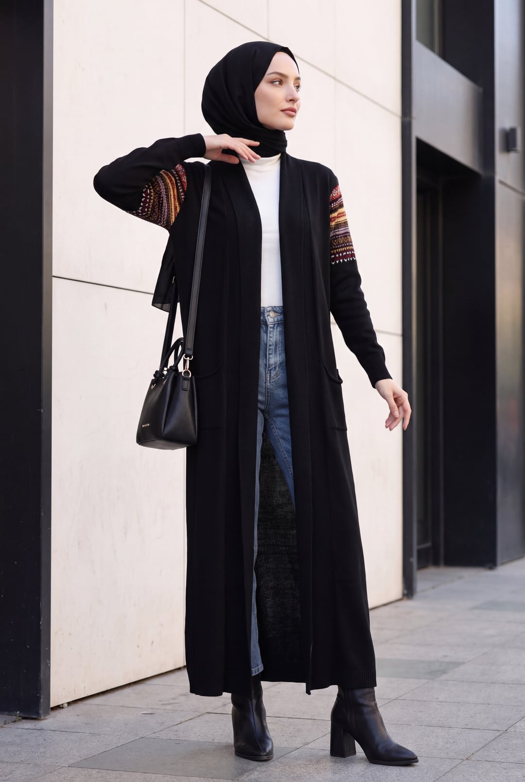 Long Ribbed Knit Cardigan with Belt - Black - Bigdart - by Peralane - photo 3