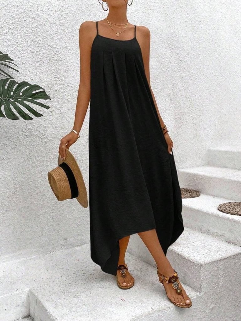 Women's Black Spaghetti Strap Asymmetric V-Neck Flowy Dress - Janes - by Peralane - photo 2