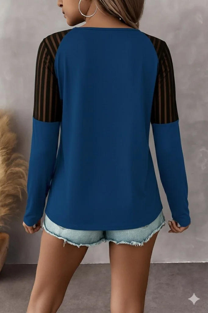 Women's Long-Sleeved V-Neck Blouse with Zipper and Sheer Striped Sleeves - Janes - by Peralane - photo 3