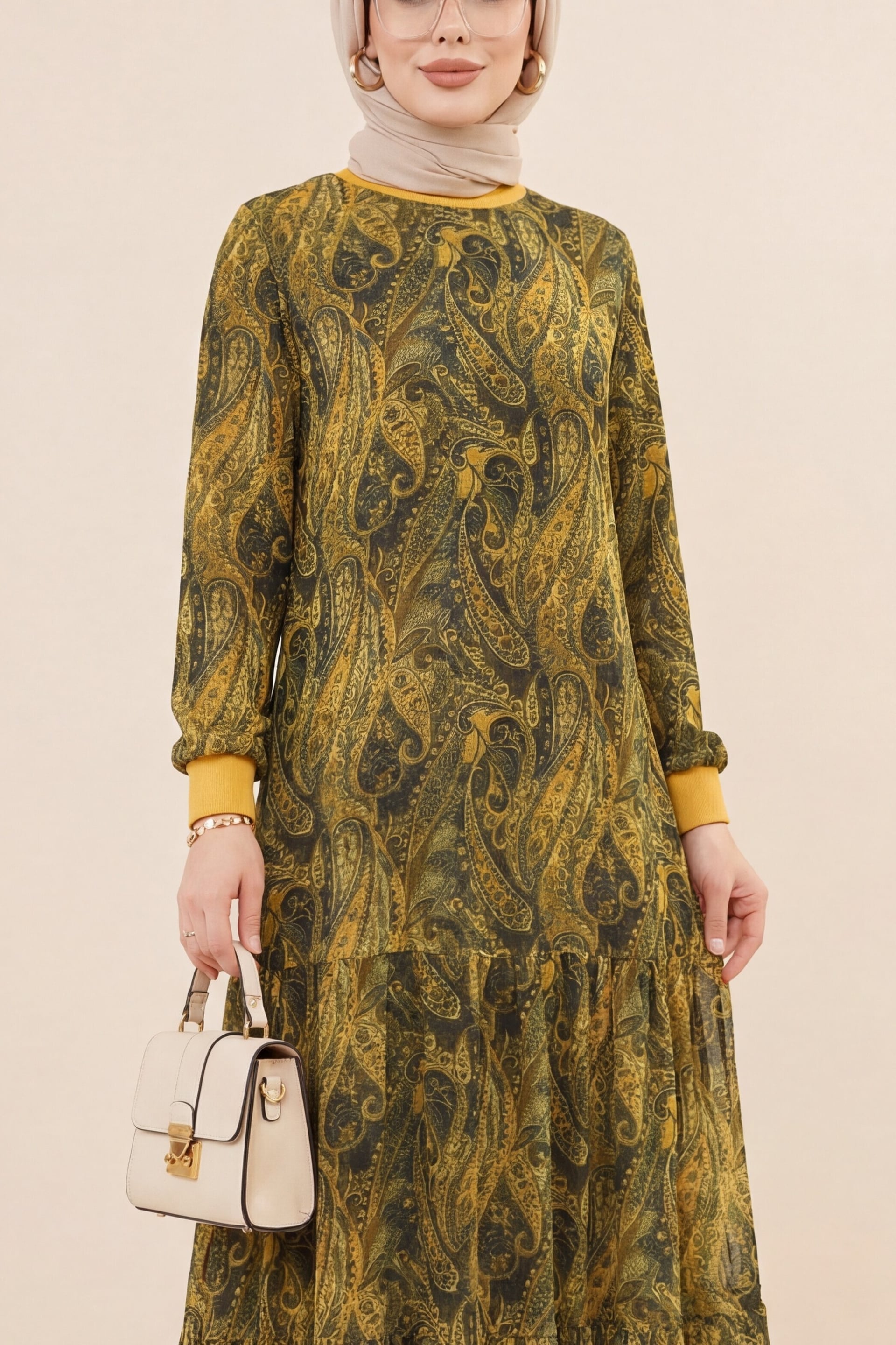 Ethnic Print Tiered Lined Chiffon Dress - Olive Green - Podyumplus - by Peralane - photo 7