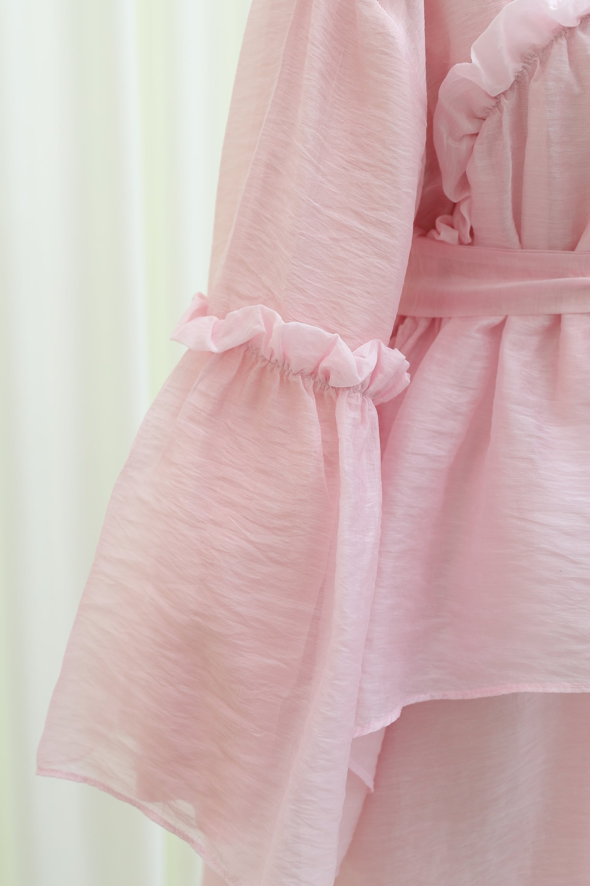 Tie-Collar Ruffled Lined Belted Tulle Voile Dress - Powder Pink - Podyumplus - by Peralane - photo 6