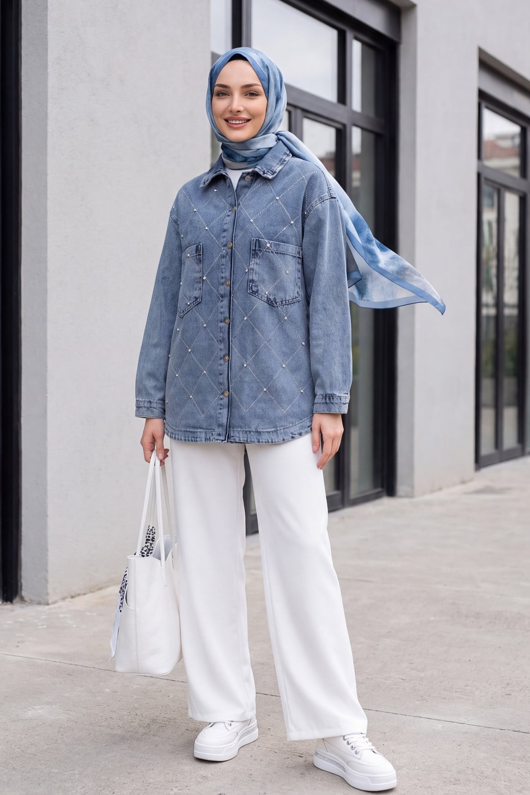 Double Pocket Stone Button Front Denim Jacket - Ice Blue - Podyumplus - by Peralane - photo 3