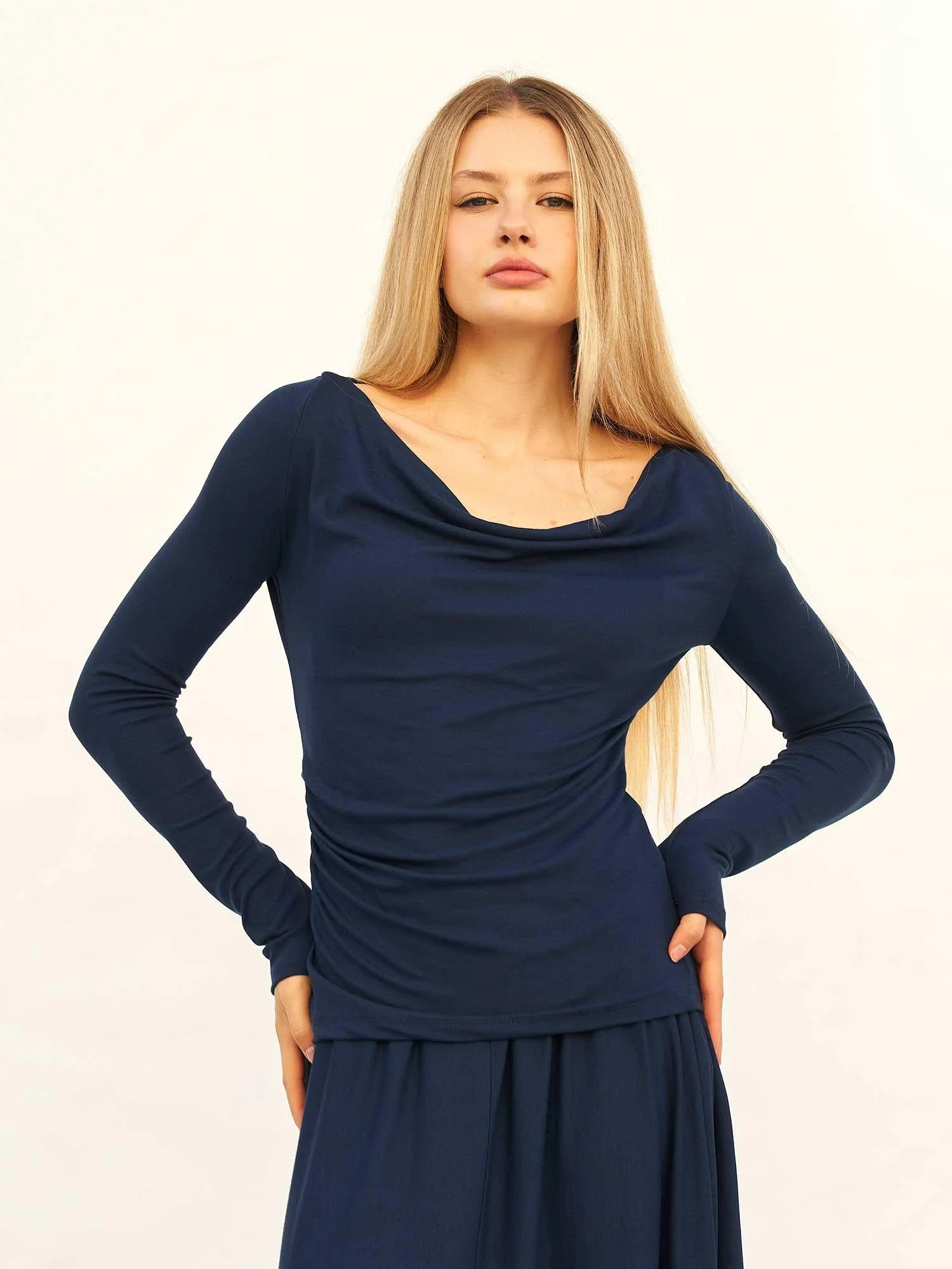 Navy Blue Cowl Neck Top and Asymmetric Midi Skirt Knit Set - Lefon - by Peralane - photo 4