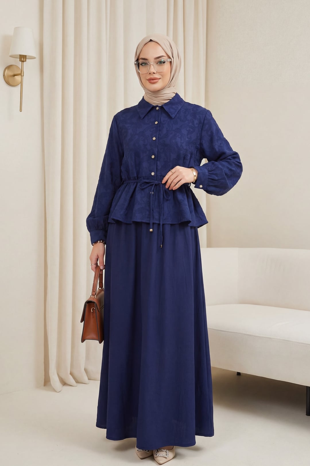 Stone Button Waist-Tie Jacquard Two-Piece Set with Skirt - Navy - Podyumplus - by Peralane