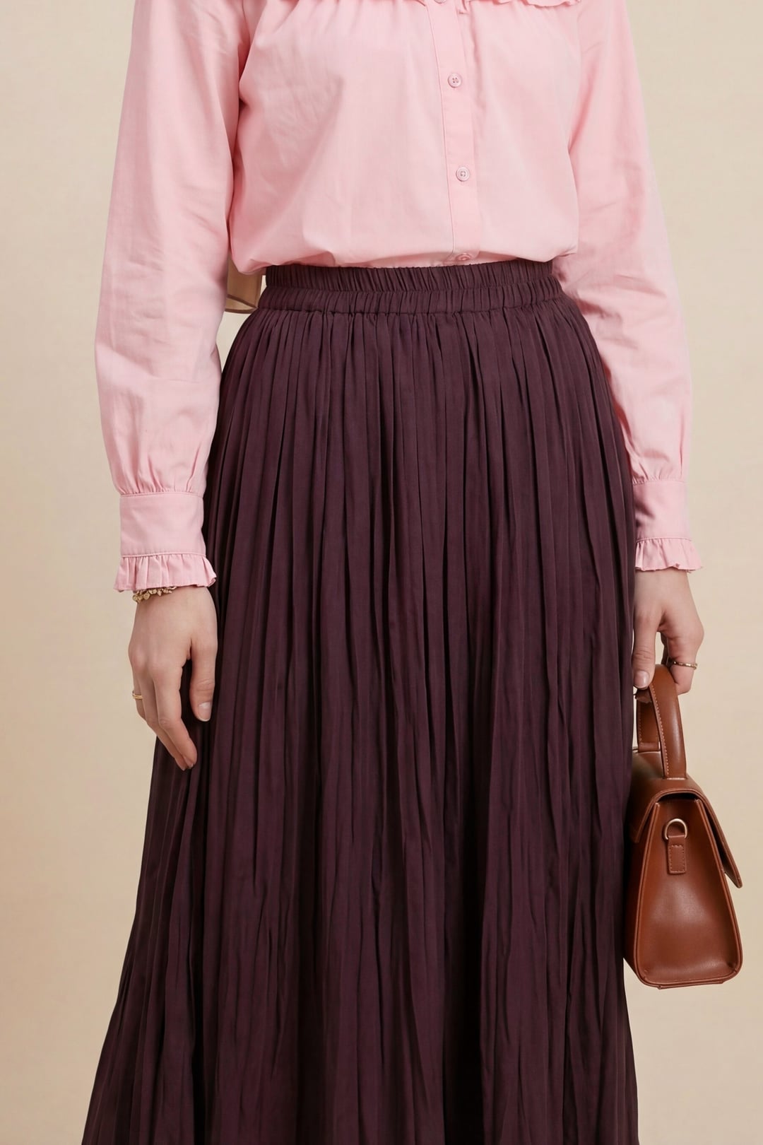 Elasticated Waist Pleated Midi Skirt - Burgundy - Podyumplus - by Peralane - photo 4