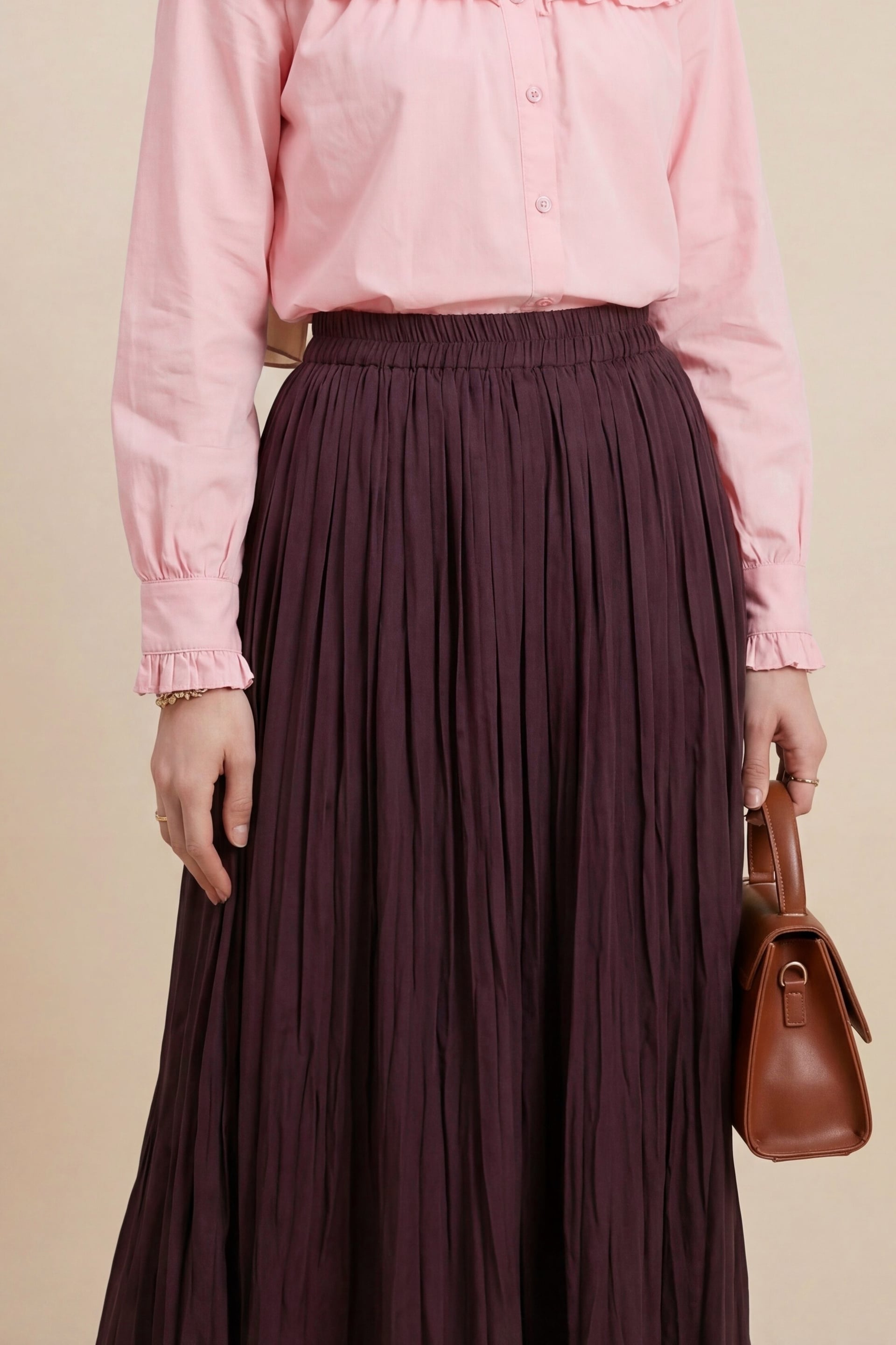Elasticated Waist Pleated Midi Skirt - Burgundy - Podyumplus - by Peralane - photo 4
