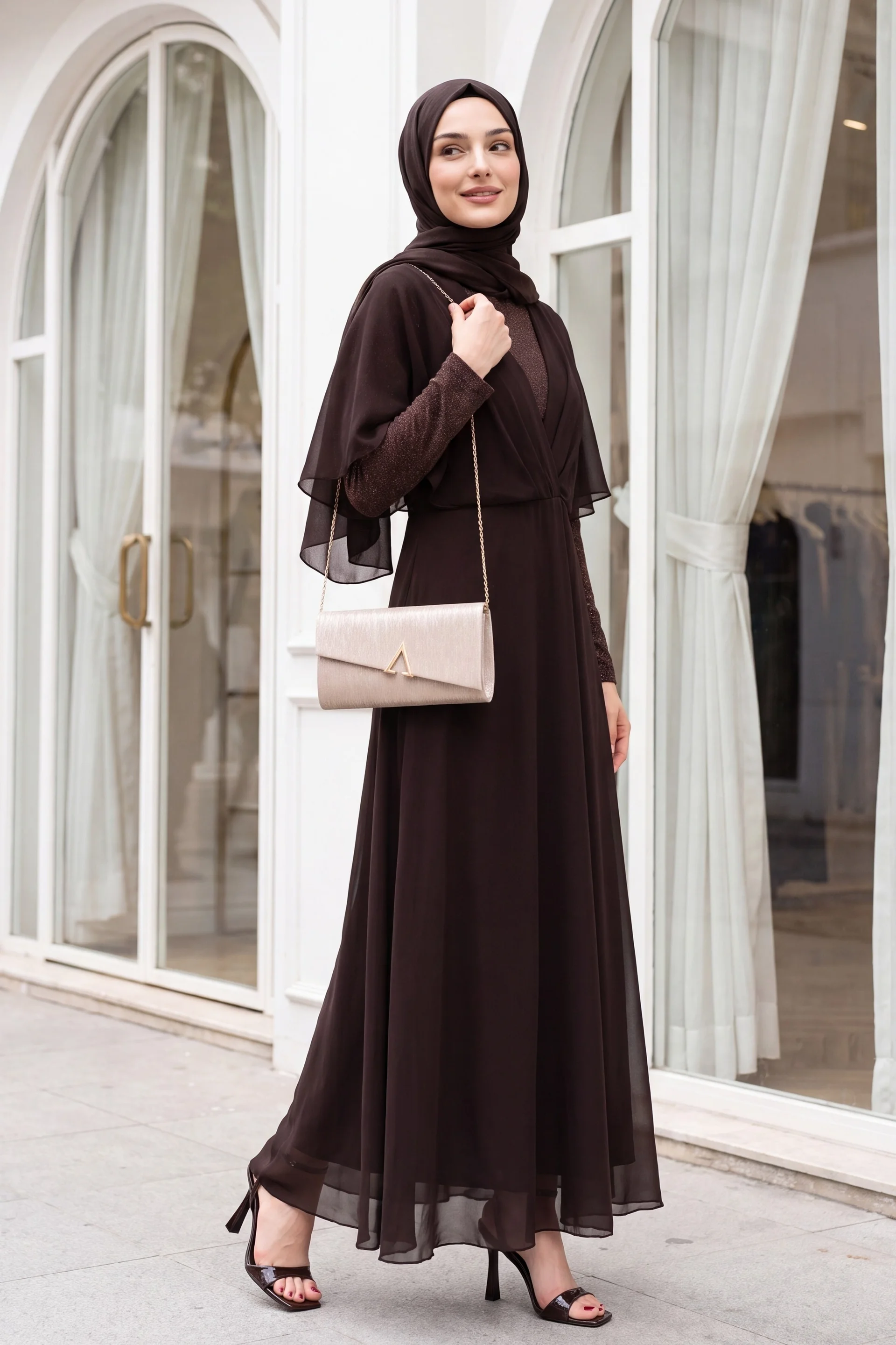 Sequin Tulle Detail Long Chiffon Abaya Dress - Dark Brown - Podyumplus - by Peralane