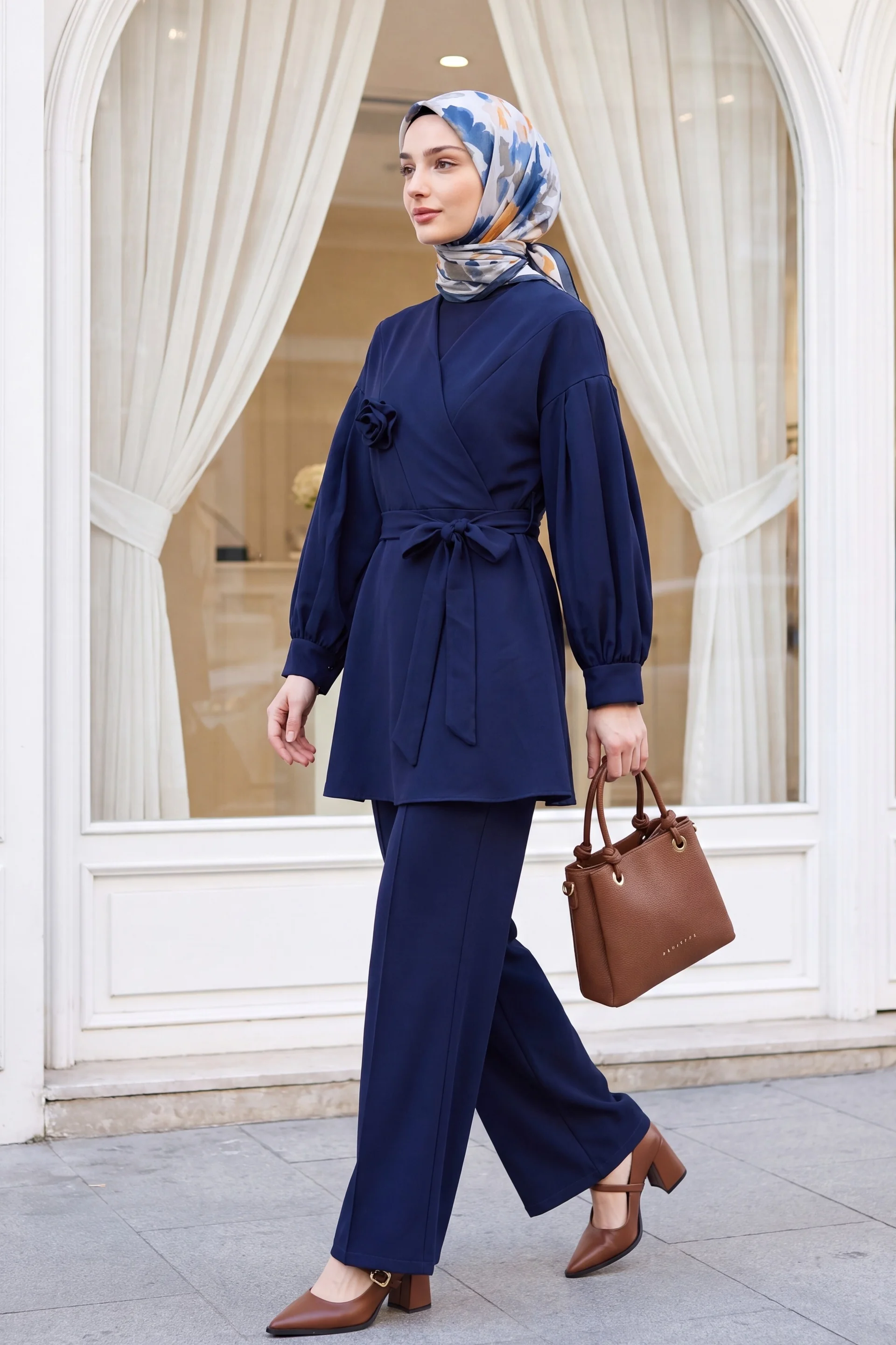 Womens Navy Wrap-Style Tunic and Trousers Two-Piece Set with Rose Brooch and Scarf - Podyumplus - by Peralane - photo 4