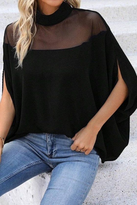 Women's Black Mock Neck Sheer Detail Wide Cut Blouse - Janes - by Peralane - photo 3