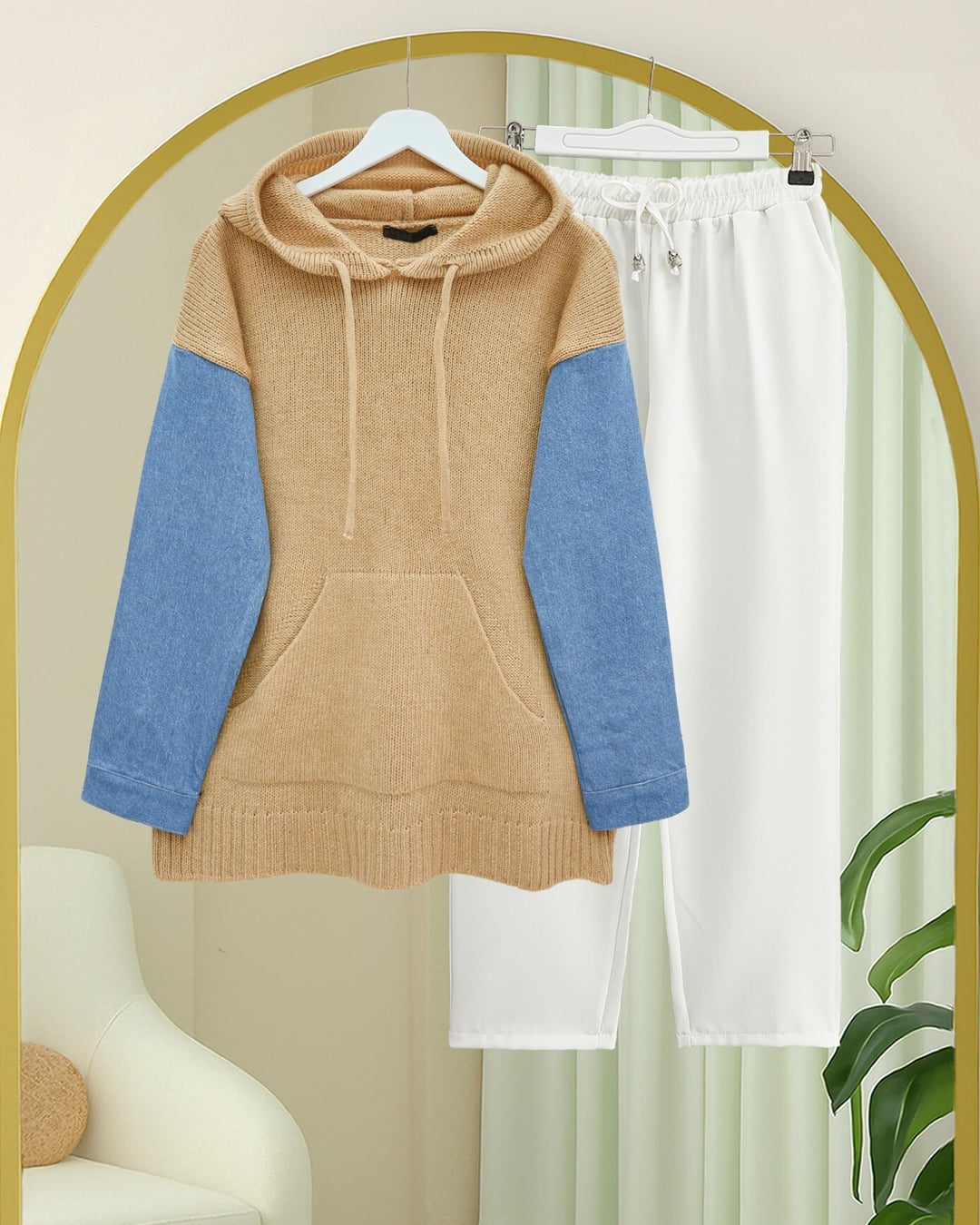 Women's Hooded Knit Sweatshirt with Denim Sleeve Detail and Kangaroo Pocket - Beige - Podyumplus - by Peralane - photo 5