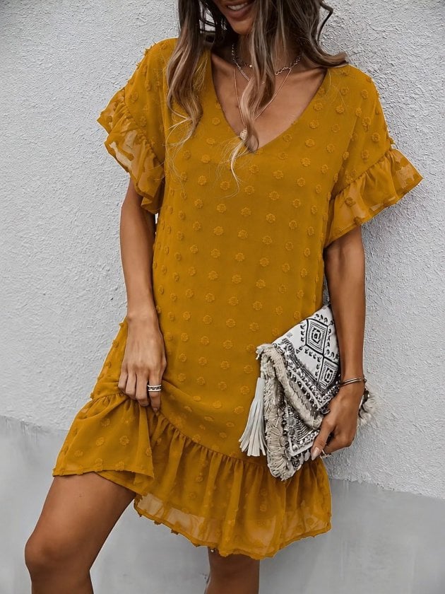 Women's Short-Sleeve V-Neck Mustard Yellow Dobby Dot Sheer Dress - Janes - by Peralane - photo 3