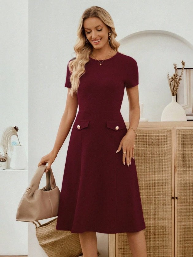 Women's Burgundy Short-Sleeve Midi Dress with Boat Neck and Pocket Detail - Janes - by Peralane