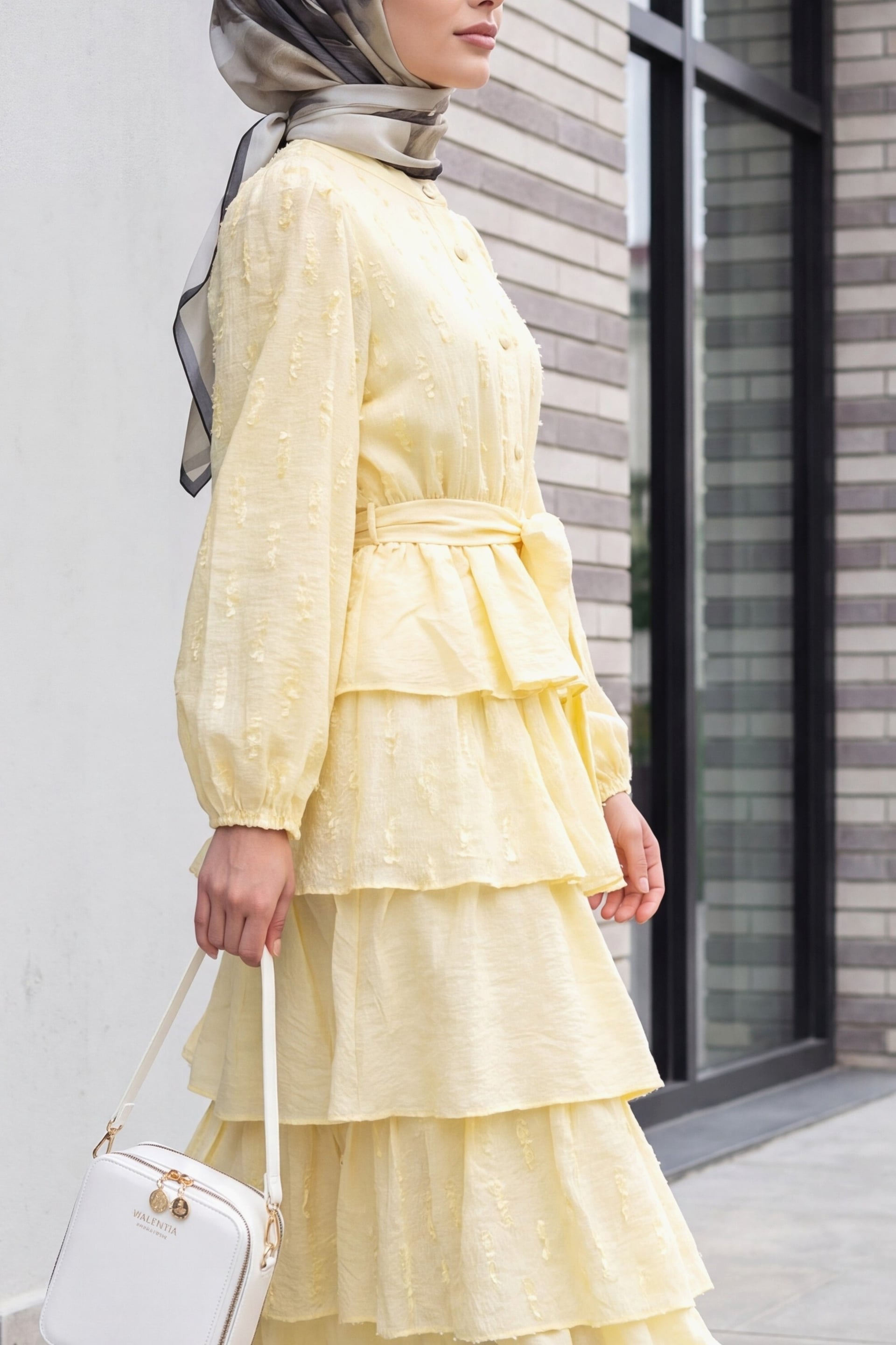 Yellow Crinkle Tiered Midi Dress with Half Button Front and Belt - Podyumplus - by Peralane - photo 4